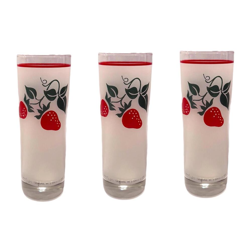 Set of 3 Vintage Teleflora Tom Collins Frosted Glass Strawberry on Vine